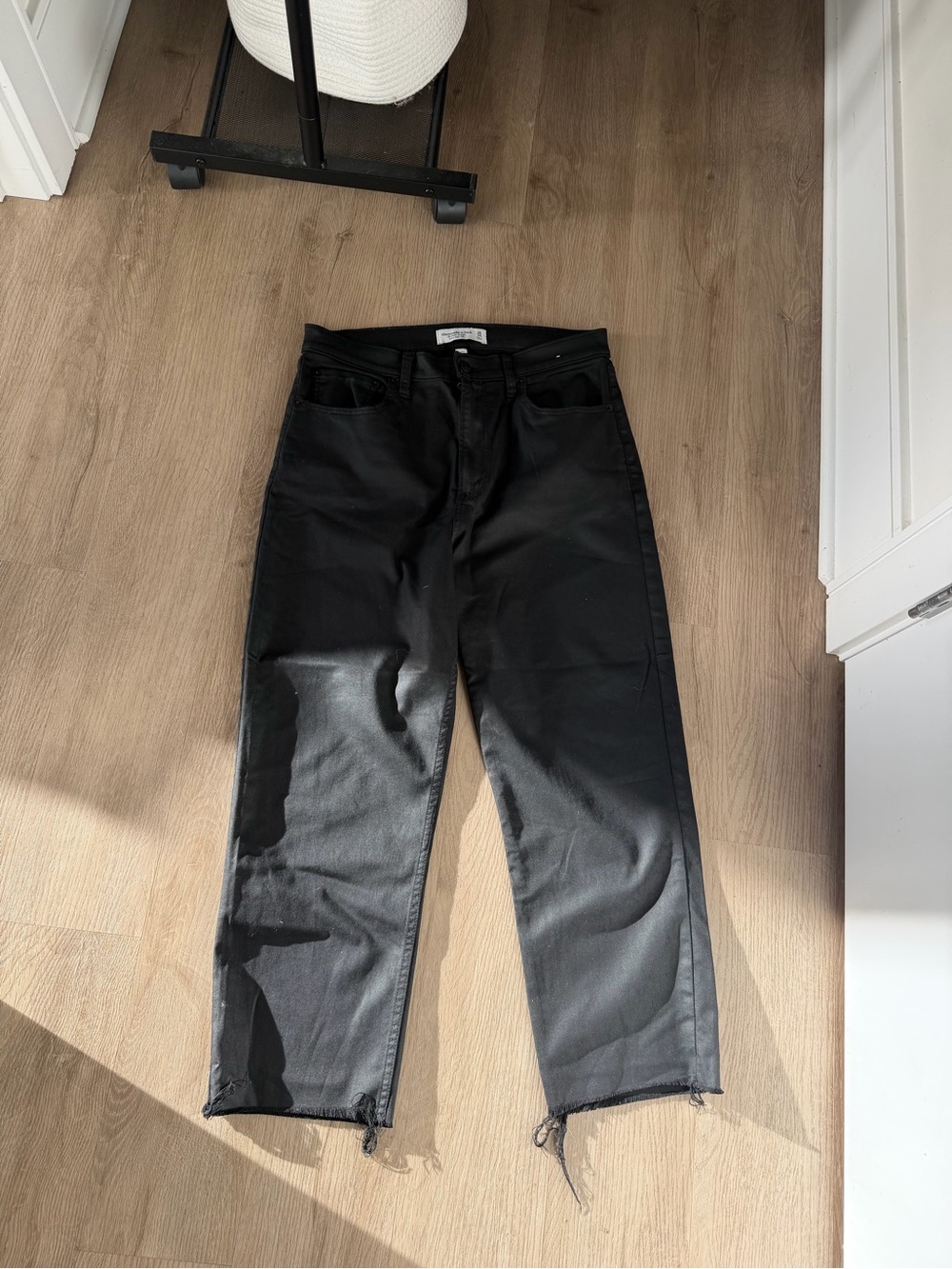 Abercrombie & Fitch Black Cropped Straight-Leg Coated Jeans Raw Hem